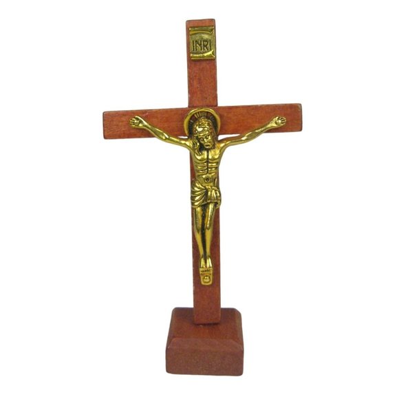 Saint Jude Miniature Portable Wooden Standing Crucifix Stand 4 in Metal Cross - Picture 1 of 7